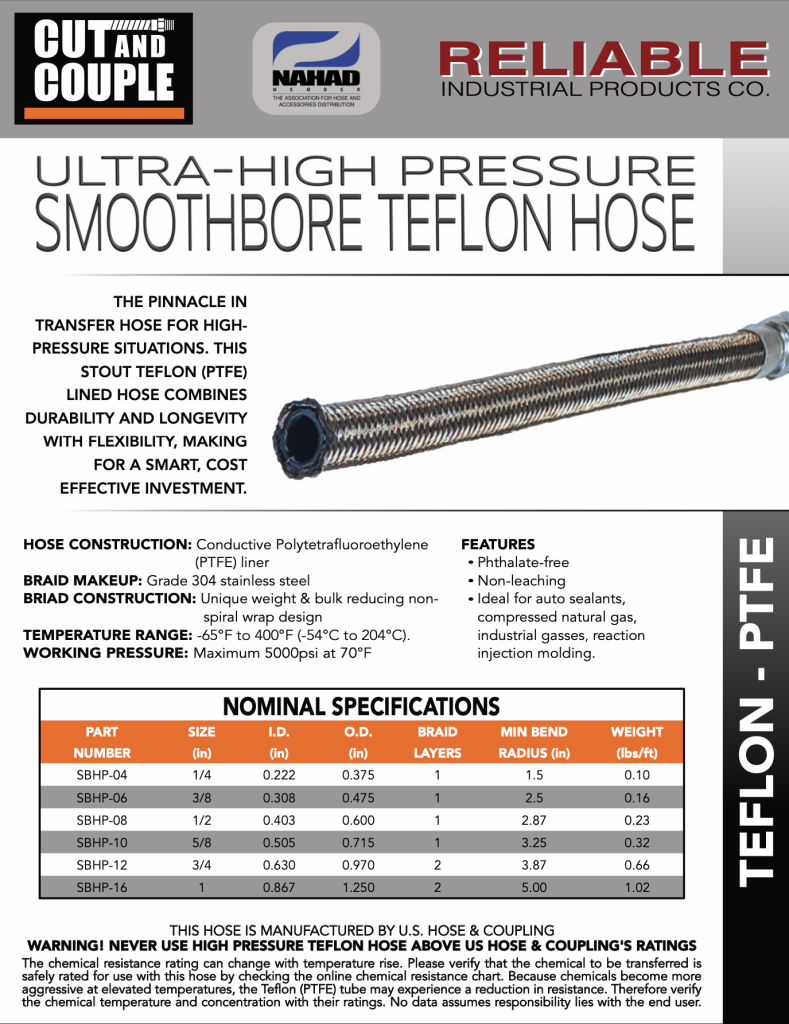 High Pressure Smooth Bore Teflon Hose Spec Sheet